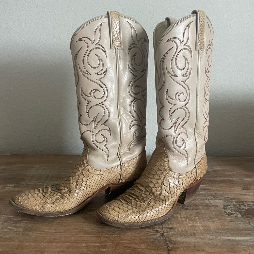 Vintage Dan Post Tan Leather and Exotic Python Western Cowgirl Boots